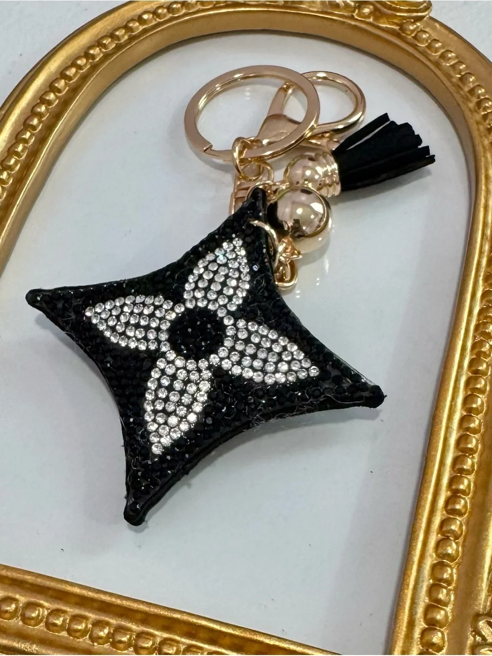 New Crystal-Embellished Black Silver Star Keychain with Tassel